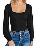 MANGOPOP Square Neck Puff Sleeve Bodysuit Loose Lantern Long Sleeve Body Suit for Women for Going Out, Black, Medium