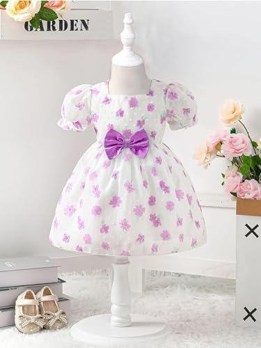 Image of Buy & Try Girls Silk Party Dress, Floral Printed Knee Length Frock with Short Sleeves, Comfortable Fit & Zipper Closure, Elegant Birthday, Wedding, Festival & Special Occasion Wear for Kids