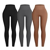 OVESPORT 3 Piece Ribbed Seamless Leggings for Women High Waist Workout Gym Athletic Yoga Pants Black/Brown/Grey