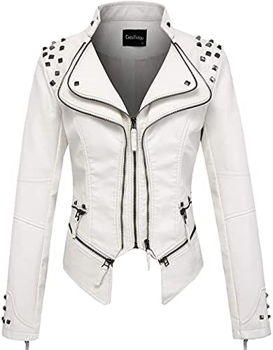 chouyatou Women's Fashion Studded Perfectly Shaping Faux Leather Biker Jacket