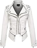 chouyatou Women's Fashion Studded Perfectly Shaping Faux Leather Biker Jacket (Medium, White)