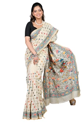 Image of DipDiya Cotton Traditional Bengali White Kantha Stitch Saree with blouse piece