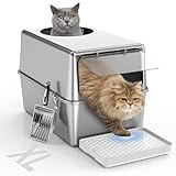 FOPUNB Stainless Steel Litter Box with Lid – Dog Proof, XL Enclosed Metal, High Side, Odor Control, for Big Cats & Multi-Cat Household, Black, Dubble Entry (Top and Front)