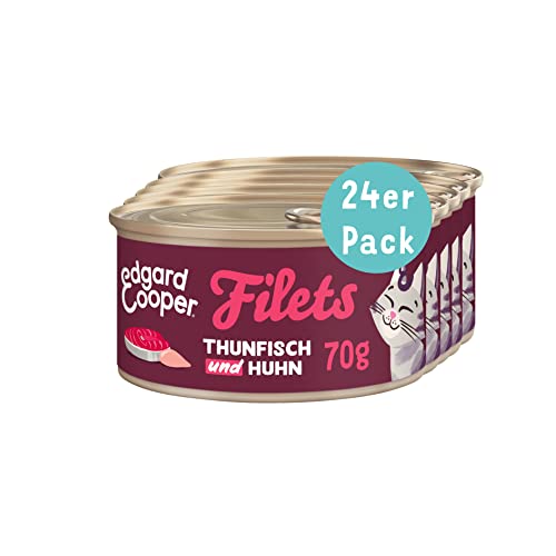Edgard & Cooper Cibo per gatti bagnato, filetti di alta qualità, 100% tonno naturale, 70 g (confezione da 24) – 0% zucchero, ingredienti naturali al 100%, alimento complementare (tonnoollo)