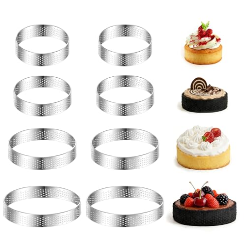8 Pièces Cercle à Tartelette, Anneaux à Tartes Ronds avec Trous, Cercle Tartelette en Acier Inoxydable pour Muffin, Hauteur 2 cm, Ø 5cm, Ø 6cm, Ø 8cm, Ø 10cm pour Mousse, Tartes, Mini Pizzas, Muffins