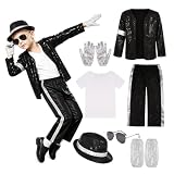 YOFHPT King of Pop Kostüm Kinder, Kinder Retro Pop Star Kostüm, 80er 90er Jahre Outfit Kin-der, Kostü-me für Kinde-r, Bühnenoutfit Halloween Karneval Kost-üm Set für Kinde-r 10-12 Jahre 145-160CM