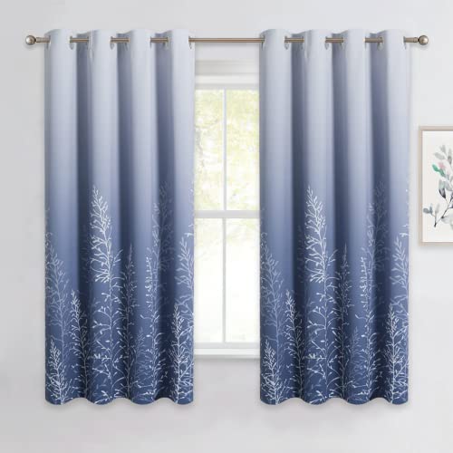 RYB HOME Bedroom Curtains Blackout - Ombre Grommet Curtains Light Block Thermal Insulated Drapes for Dining Botanical Tree Branch Print, White and Navy, W 52 x L 63 inches, 1 Pair
