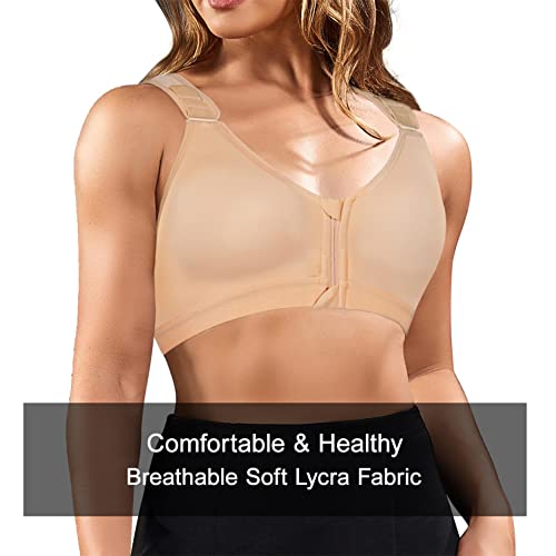 Brabic Women Post-Surgical Sports Support Bra Front Closure With Adjustable Straps Wirefree Racerback (Beige With Zipper, L (Fit For 36B 36C 36D 38A)) #TOP4