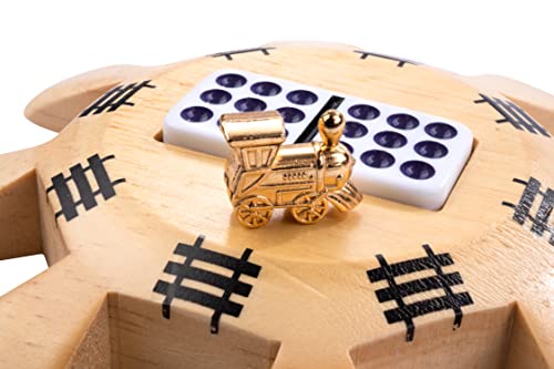 Engelhart - 250120 - Mexikanisches Domino Zug D12 Deluxe - Holzkasten - Punkteblock - Holzbahnhof - 8 Metall-Lokomotiven - 91 Dominosteine - 2 bis 8 Spieler
