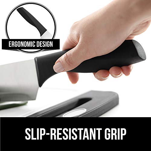 Gorilla Grip Original Premium Knife Block 7 Piece Set, Stainless Steel Blades, Includes Durable Kitchen Knives, Scissors and Stylish Block, Cutlery for Home Chef and Professional Cutting Needs, Black