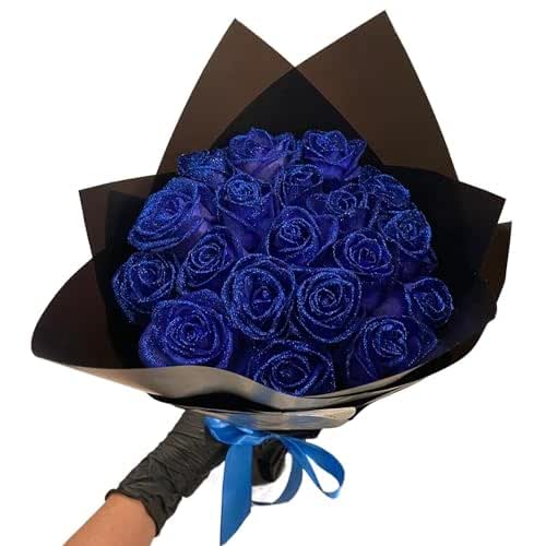 ROSLILY Glitter Rose Bouquet Blue Artificial Rose Flowers