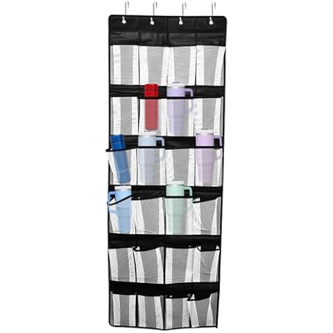 KELEAPEKER 24 Pockets Cup Organizer,Foldable & Hanging Cabinet Cup Organizer Storage Holder with 4 Hooks for Tumbler,Water Bottle 24 Holders Over the Door for Stanley Cup - 5.51 x 7.87inch Per Pocket Cover