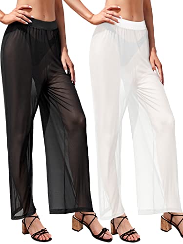 Uratot 2 Packs Women See Through Sheer Mesh Pants Sexy Swimsuits Elastic Waist Bikini Bottom Cover Ups, Black And White #TOP25
