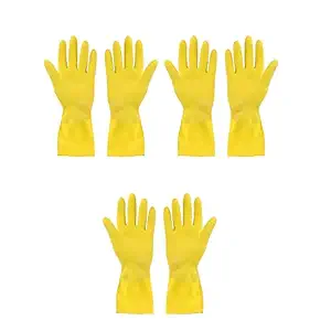 DeoDap 3 Pair Reusable Household Rubber Cleaning Gloves,Dishwashing Gloves, Kitchen Cleaning, Working, Painting, Gardening, Pet Care || (Free Size, Yellow)