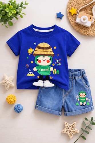 Image of Bold N Elegant Kids Half Sleeve 3D Cartoon Tiger Cotton T-Shirt with Denim Shorts Summer CLothing Set for Infant Toddler Preschool Boys n Girls | Cook Outfit For Kids