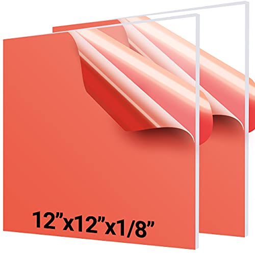 AgoDeo Acrylic Sheet Clear Plexiglass for Crafts 12 x12  Transparent Plexi Glass Square Panels 1 8 Thick (3mm) Protective Film Laser Cutting Frame Engraving LED Light Base Signs & DIY Craft Pack of 2