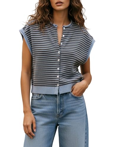 Image of Women's Striped Knit Vest Sleeveless Crew Neck Button Up Casual Sweater Top (Blue A, L)
