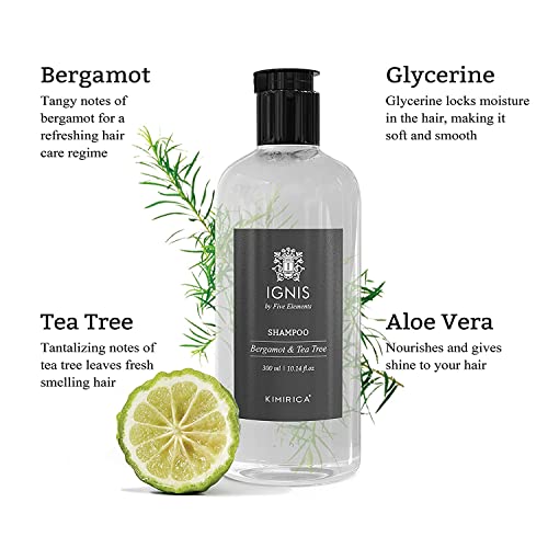 Image of Kimirica Ignis Bergamot and Tea Tree Shampoo For Men, made with Naturally Derived Extracts for All Hair Types, 100% Vegan, Paraben and SLS Free, 300ml