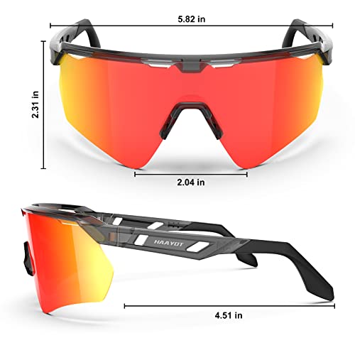 Haayot Polarized Cycling Glasses For Men Women,Sports Sunglasses With 3 Lenses,Baseball Fishing Running Sunglasses Transparent Gray Red #TOP6