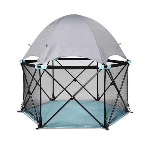 Summer Infant Pop ‘N Play Deluxe Ultimate Playard, Aqua Splash - Full Coverage Indoor/Outdoor Portable Play Pen with Fast, Easy and Compact Fold