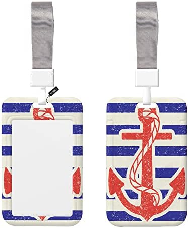 EKOBLA Card Name Tag with Lanyard Red Anchor Vertical ID Protector Badge for Nurse Doctor Teacher Student Vintage Nautical Stripes Sea Theme Navy Adventure, Blue Red