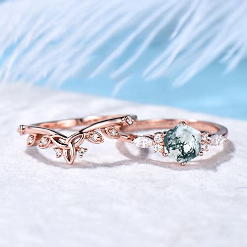 1Ct Hexagon Cut Moss Agate Engagement Ring Set Vintage Unique Silver Green Moss Agate Ring For Women Curve Celtic Knot Ring Wedding Anniversary Gift,With Gift Box #TOP4
