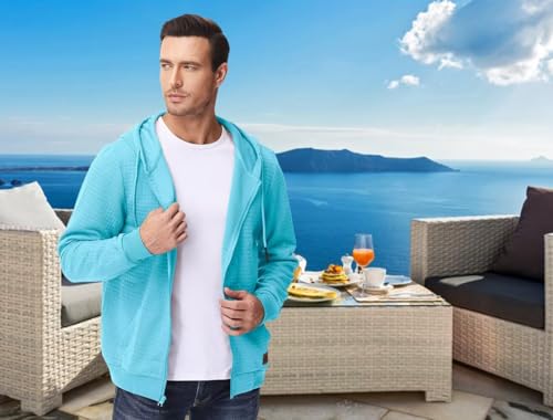 Satankud Men's Jacquard PlaidCloth Lightweight Zipper Hoodie Sweatshirt Jacket Skyblue X-Large — view 2