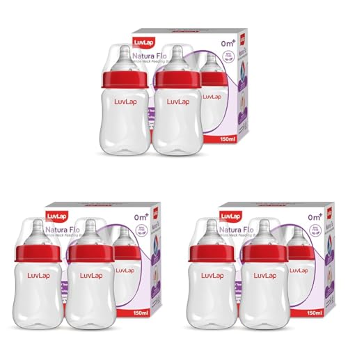 Image of LuvLap Anti-Colic Wide Neck Natura Flo Baby Plastic Feeding Bottle, 150Ml (Pack of 6), New Born /Infants /Toddler Upto 3 Years, BPA Free