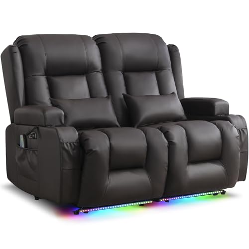 Image of URRED Power Loveseat Recliner Sofa with Massage and Heat,Dark Brown | Wall Hugger Reclining Loveseat with Console, RV Couch Home Theater Seating with LED Lights for Living Room, Faux Leather