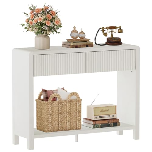 FATORRI Narrow Console Table with Storage, Wood Sofa Table for Entryway, 39.37 inch Modern Hallway Tables and Couch Tables Behind Sofa for Entrance, Foyer, Bedroom, Living Room (Antique White)