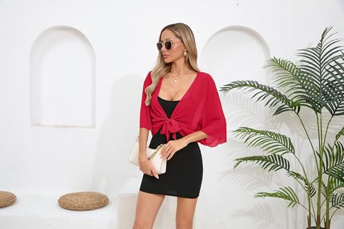 Image of TASAMO Women's 2026 Summer Lightweight Short Bolero Cardigan Shrug Sheer Tie Front Top 3 /4 Sleeve Jacket for Dress