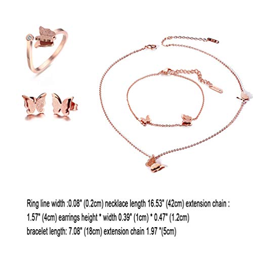 Cupimatch Butterfly Bracelet Ring Earrings Necklace Set, 18k Rose Gold Plated Love Jewelry Gift Set for Women Girls (Necklace Bracelet Earrings Ring Set) - Image 4