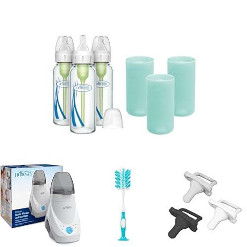 Dr. Brown's Anti-Colic Options+ Narrow Glass Baby Bottles 8oz and Level 1 Nipple, 3-Pack 0m+ and Mint Silicone Sleeves and Deluxe Bottle Warmer/Sterilizer and Bottle Brush and HappyPaci Pacifier