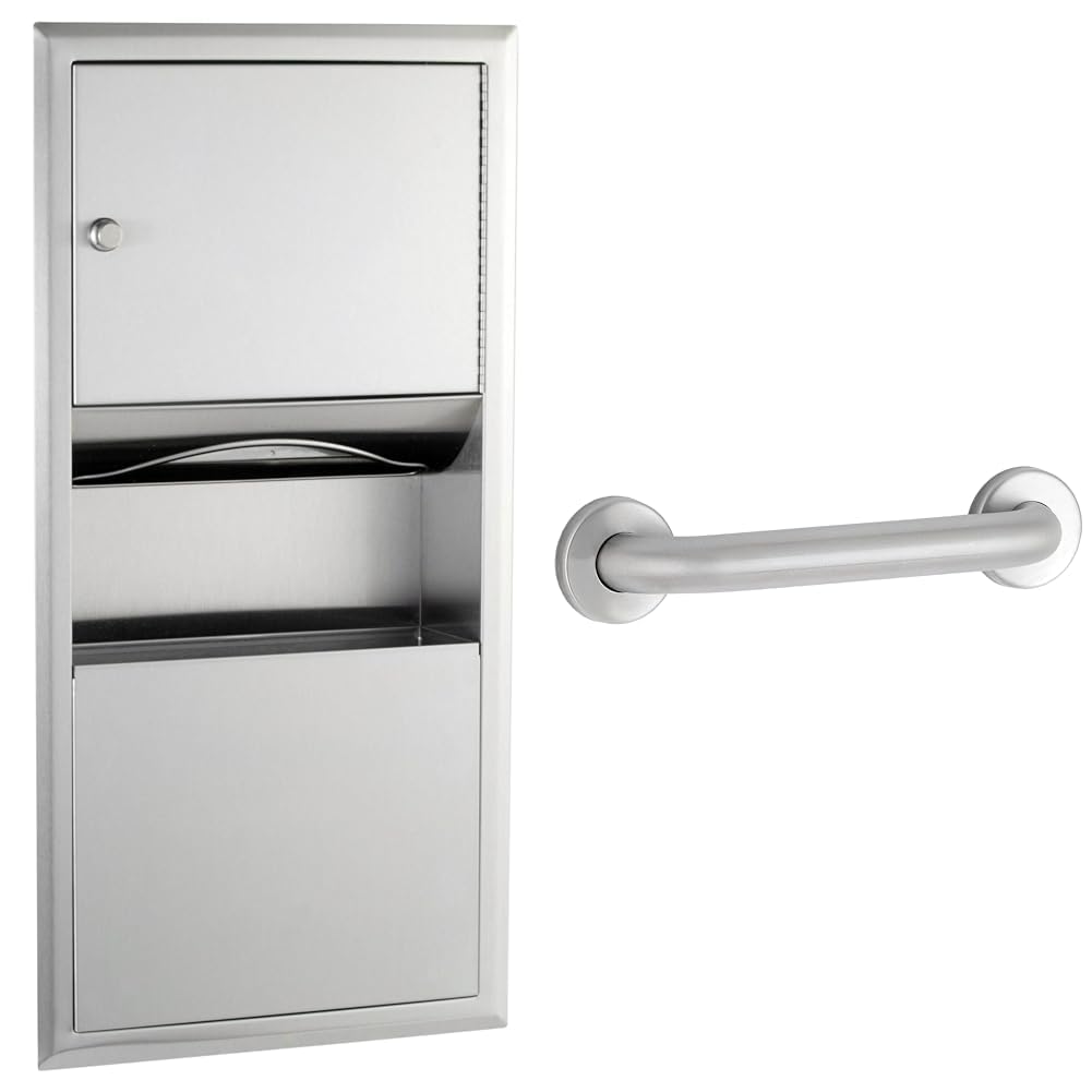 BOBRICK Stainless Steel Recessed Paper Towel Dispenser with Waste Receptacle and 42" Straight Grab Bar Bundle