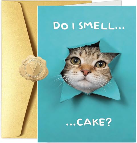 CARDKENLES Funny Cat Birthday Card, Do I Smell Cake Humorous Kitten Greeting Card, Cute Birthday Card from Cat, Cat Birthday Card for Cat Lovers, Blank Inside with Gold Envelope
