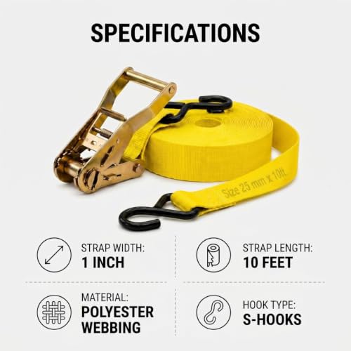 Image of Trion Products Polyester Cargo Lashing Belt with S Hook - Pack of 4 | Heavy Duty Cargo Ratchet Straps, Ratchet Straps for Motorcycle, Bike, Trailer, Truck & Cargo Securing | 1 Inch x 10 ft