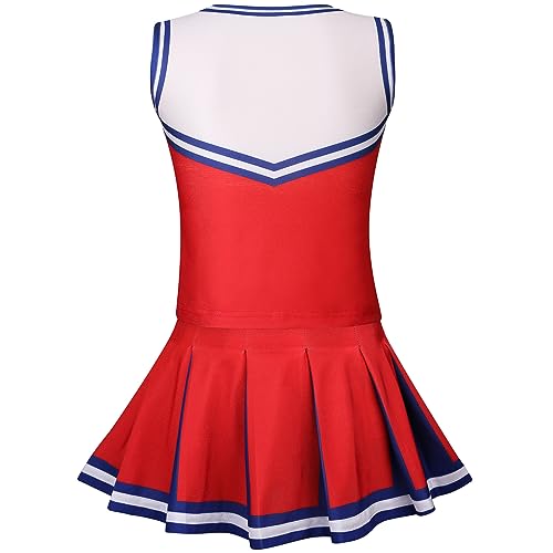 GRAJTCIN Girls Cheerleader Costume Kids Cheer Uniform Cheerleading Outfit Halloween Fancy Dress for 8-9 Years Pompoms(140, Red) - Thumbnail 2