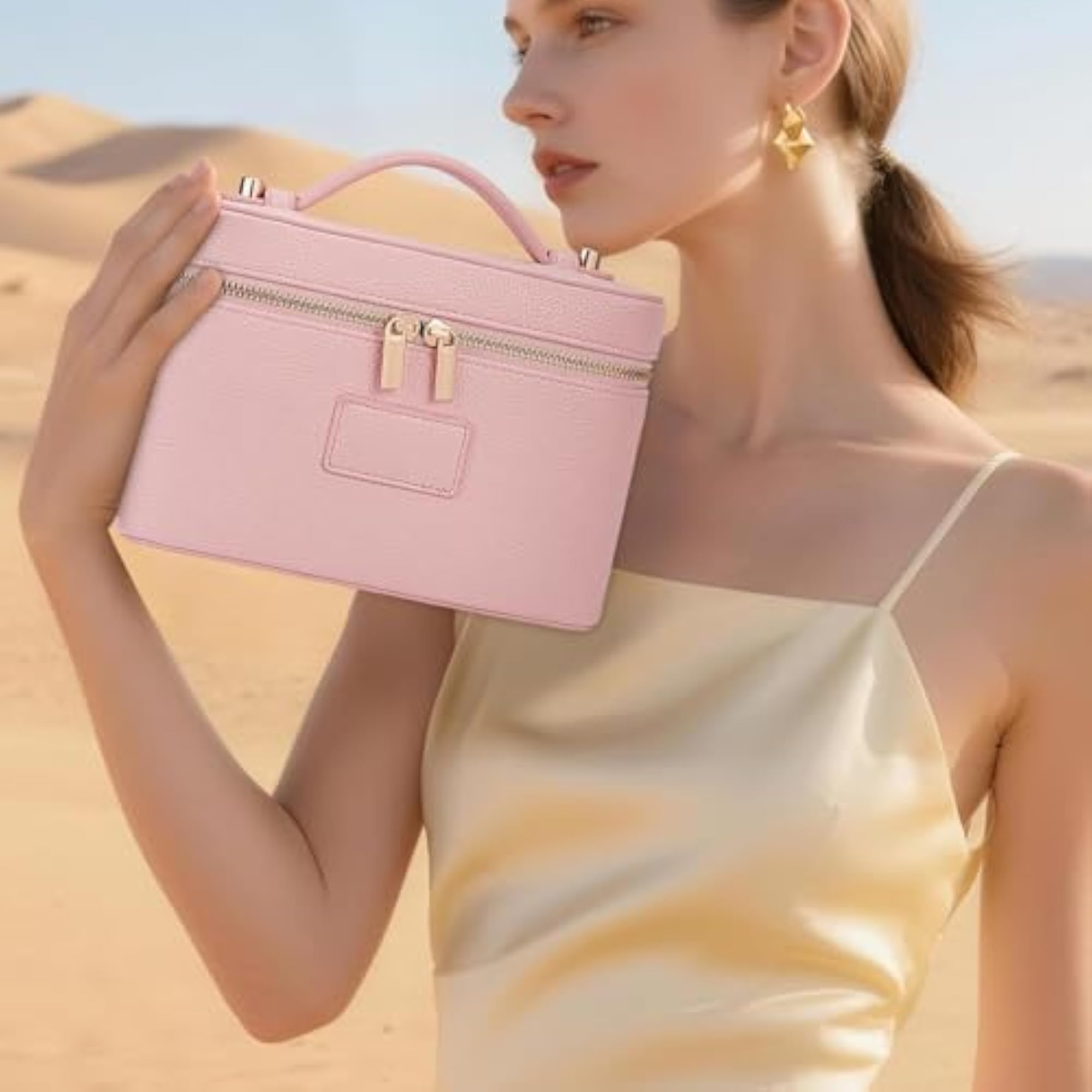 Leather Makeup Bag Vanity Case for Women, Pink