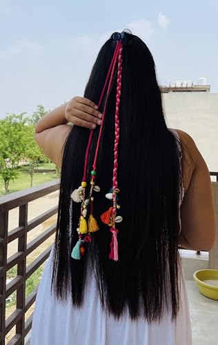 Image of Zippy Flora Handmade Boho Colorful Hair Strings | Navratri & Ethnic Festive Hair Accessories | Vibrant Pink Braided Thread Hairband & Hair Extensions for Women & Girls | Bohemian Styling Hair Jewelry