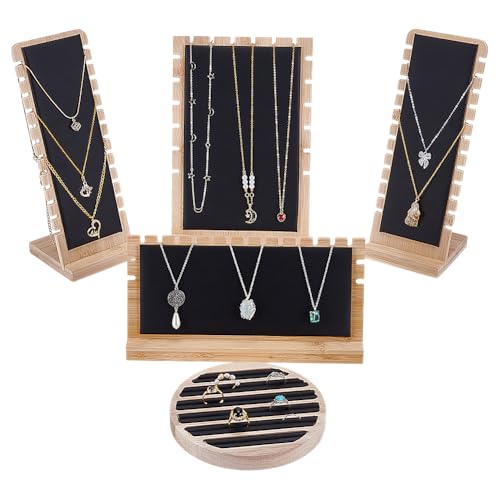 FINGERINSPIRE 5 Pcs 4 Styles Bamboo Jewelry Display with Black Leather Soft Mat Necklace Tabletop Display Boards Ring Display Holder Jewelry Storage Tray Necklace Bracelets Chains Display Stands