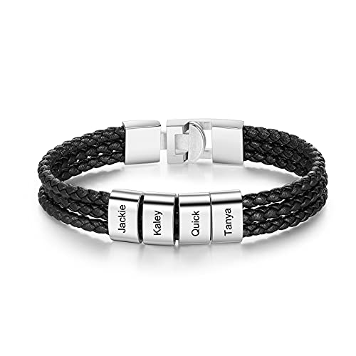 Bracelet Homme Personnalisé avec Gravure 1-8 Nom Bracelet en Cuir Tressé en Perles Argent Ami Père Fils Cadeau pour Saint Valentin Fête des Pères (4 Nom) Cover