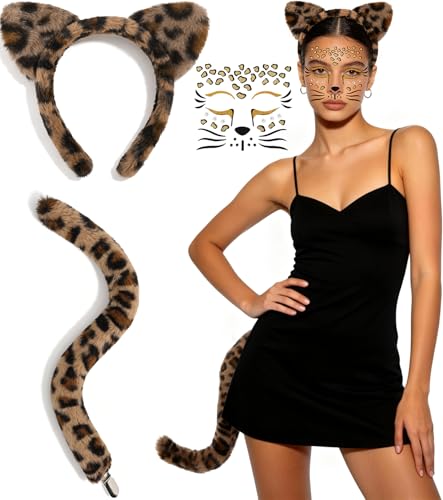 BIAOKS Cheetah Costume Accessories Set 3 Pcs Cheetah Ears Headband Tail & Face Stickers Leopard Costume Kit for Halloween Cosplay Party