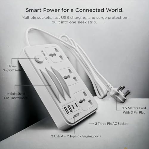 Image of HAMMER Power Strip with 3 Universal Sockets with Child Security, Total 40w (2 USB Ports and 2 Type C 20w PD Individual), Mobile Holder,High Temperature Surge Protector,2300W with 1.5 Meter Cable White