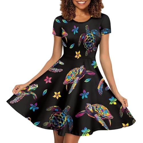 Image of POLERO Women Puffy Swing Elegant Party Midi Dresses Short Sleeve Round Neck A-Line Dress