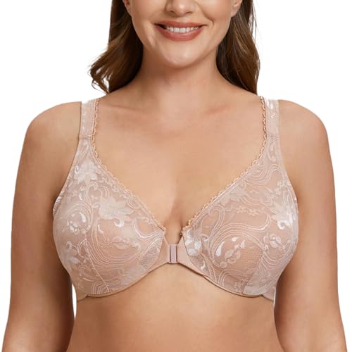 MELENECA Women's Plus Size Front Closure No Padding Full Coverage Lace Underwire Bra Beige 48G