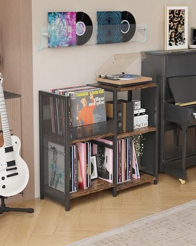 Ornestia Plattenspieler-Ständer mit Stauraum für Vinylplatten, Vinyl Aufbewahrung Metall Regal bis zu 200+ Alben, 3 Etagen Tisch für Wohnzimmer, Holz Schallplatten Schrank, Record Player Stand