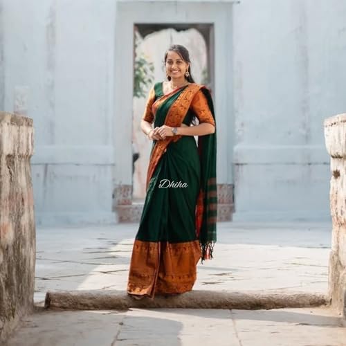 Image of Narayanpet Pure Cotton Avani Border Saree for Women with Running Blouse | Tassels | Traditional Woven Solid Design | Handloom Weave