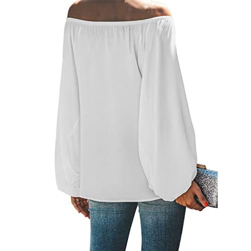 STKOOBQ Camiseta feminina de manga comprida solta com ombro de fora, ombro de fora, cor lisa, manga