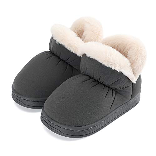 ESTAMICO Boys Girls Winter Slippers Fluffy Ankle House Shoes Warm Fur Cute Home Boots, Gray 11-12 Little Kid