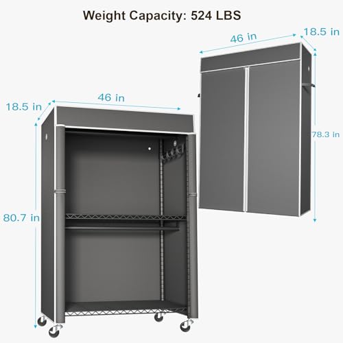FUTASSI Black Clothing Rack with Dark Gray Cover, P1C Plus Rolling Closet with Wheels, Metal Garment Rack for Hanging Clothes, Clothing Storage Wardrobe, 46" W x 18.5" D x 80.7" H, Load 524 Pounds by FUTASSI - Image 3